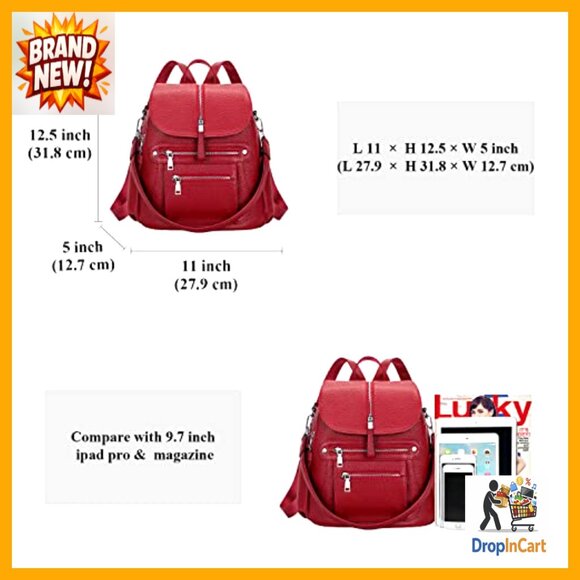 Genuine Leather Backpack Purse Fashion Casual Daypack with Multi Pockets Flap